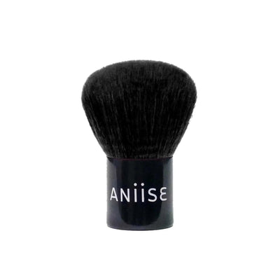Synthetic Kabuki Brush with short handle and soft, dense synthetic bristles for powder, blush, bronzer, and highlighter application, vegan and cruelty-free.