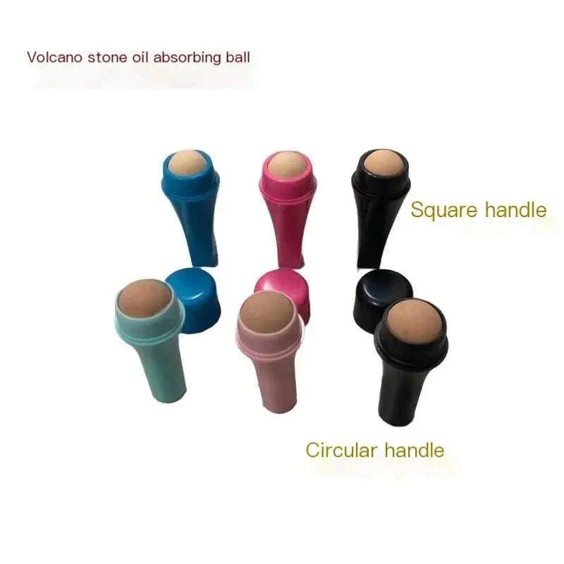 Mini volcanic stone facial cleansing balls in pink, blue, and black with square and circular handles for oily skin oil absorption and shine control