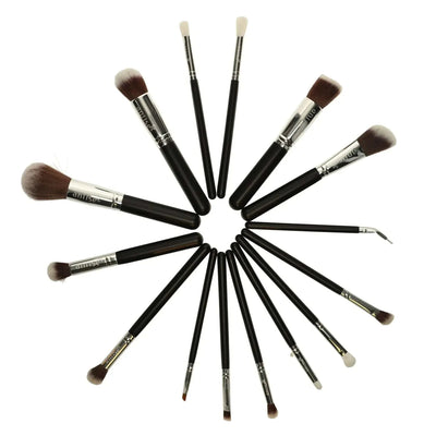 Set of 15 professional synthetic makeup brushes with black handles and soft bristles arranged in a circle