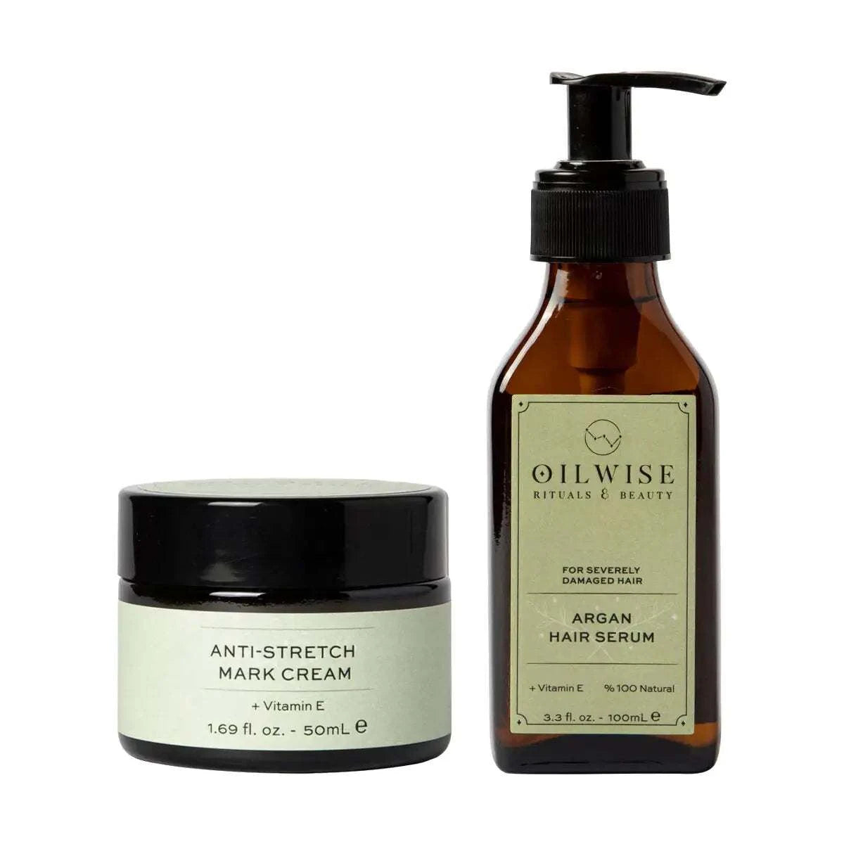 Oilwise Anti Stretch Cream and Argan Hair Serum set with vitamin E for stretch mark removal and hair repair
