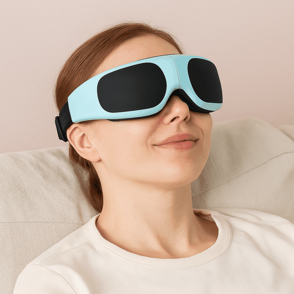 Woman relaxing with a blue Smart Eye Massager device for eye care and relaxation