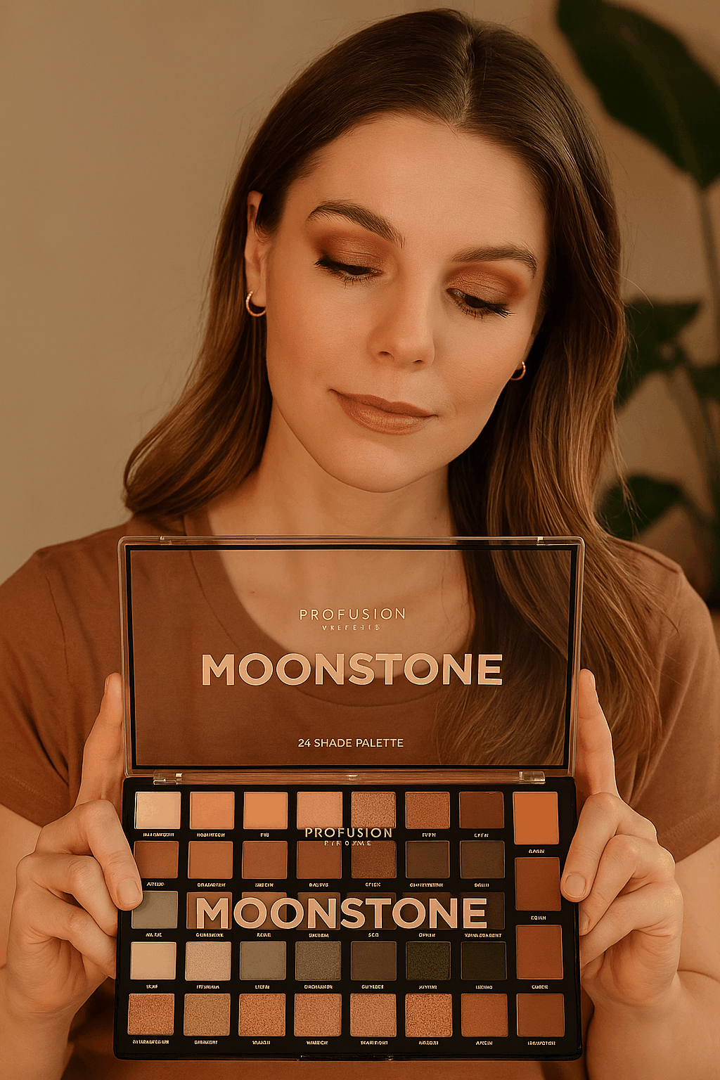 Woman showcasing Profusion Cosmetics Moonstone 42 shade eyeshadow palette with neutral makeup look