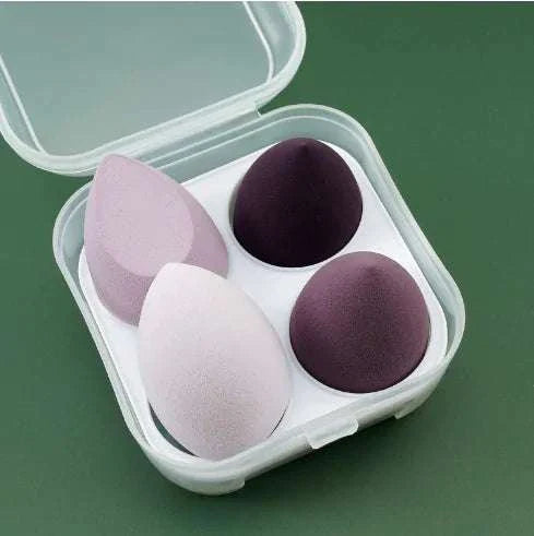 4 pieces makeup sponge powder puff set in purple and pink for dry and wet makeup application in clear storage case