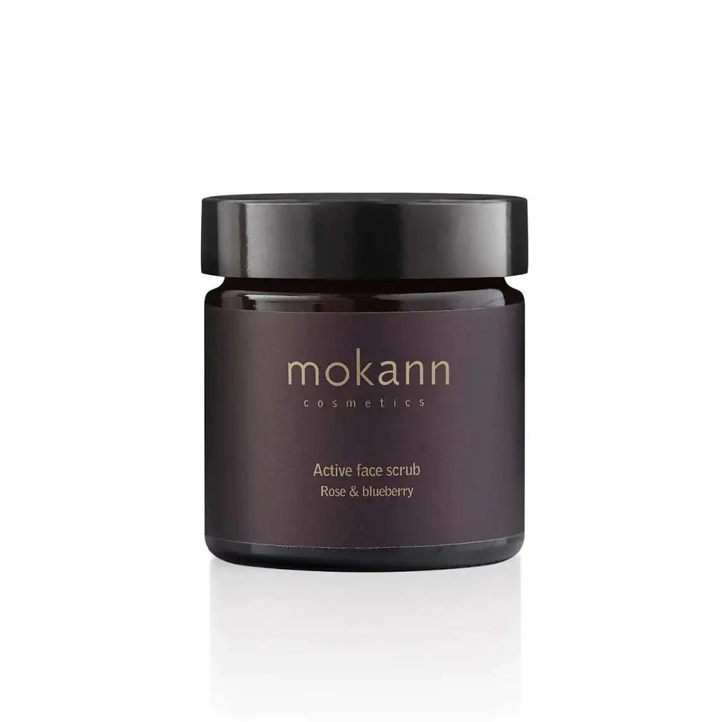 Mokann Active Face Scrub Rose & Blueberry in dark jar for exfoliating and brightening skin