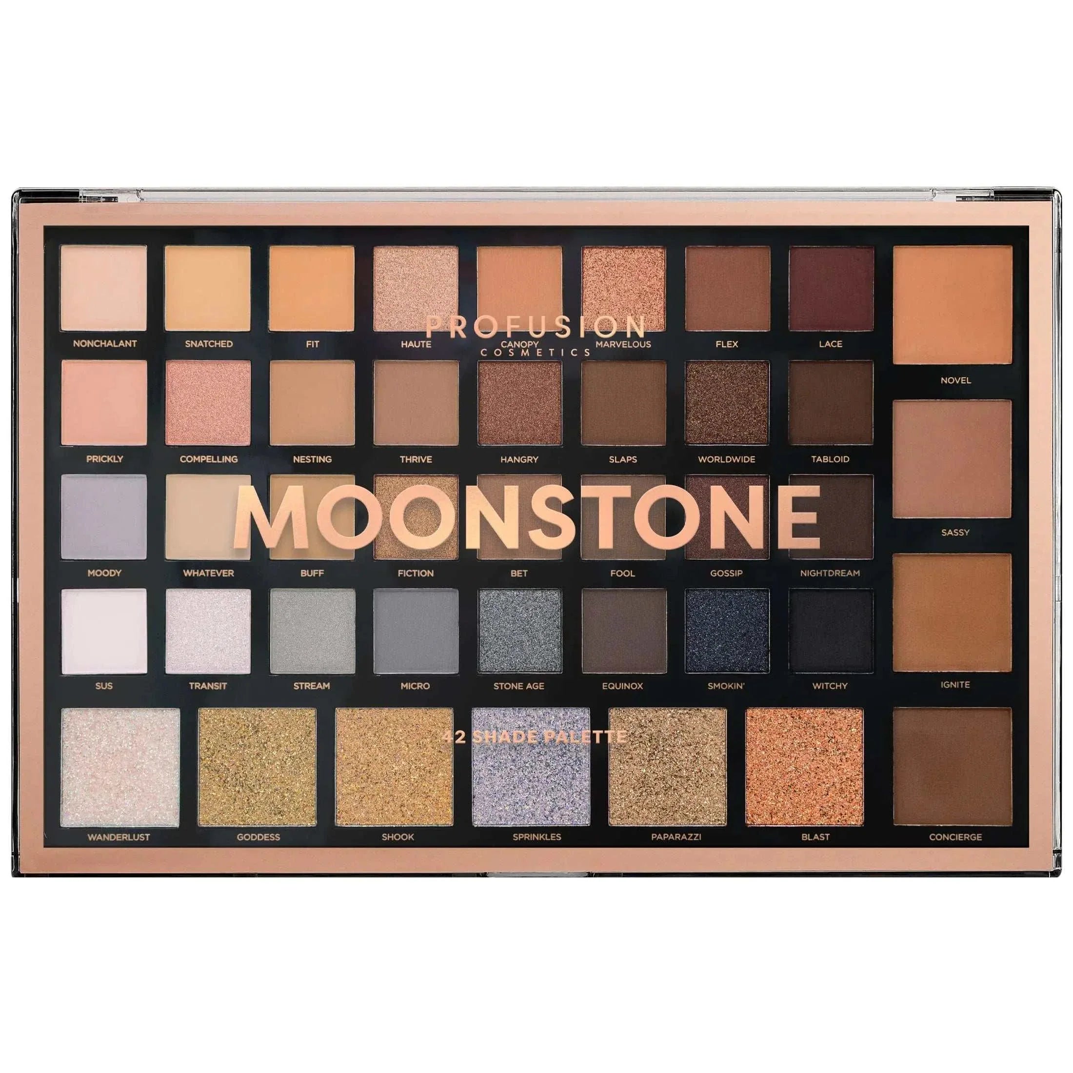 Profusion Cosmetics Moonstone 42 shade eyeshadow palette with long-lasting, blendable matte and shimmer finishes for day-to-night looks