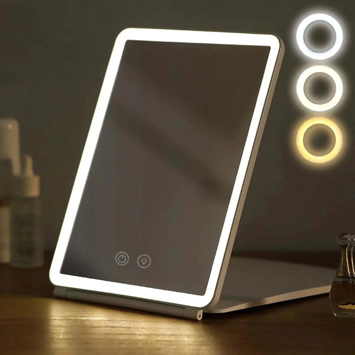 Foldable makeup mirror with touch screen and adjustable 3-color LED light modes for bright, portable makeup application