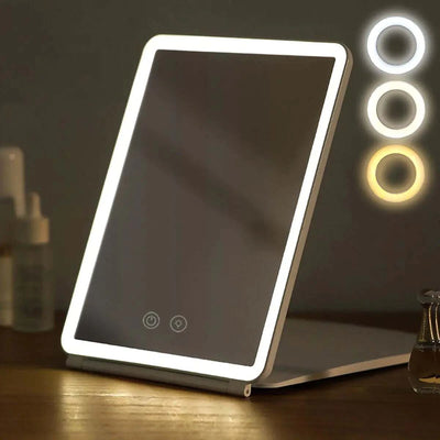 Foldable makeup mirror with touch screen and adjustable 3-color LED light modes for bright, portable makeup application