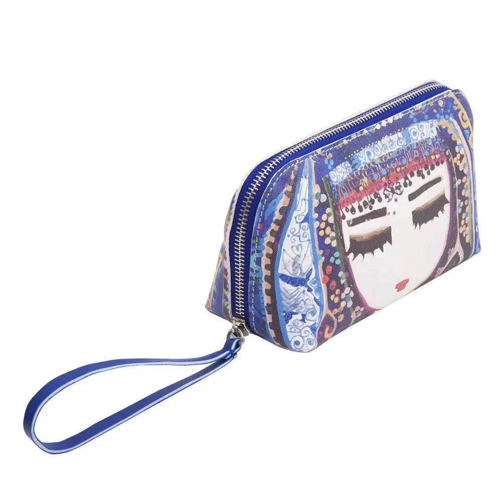 Biggdesign Blue Water Make Up Bag waterproof PU leather travel cosmetic organizer with zipper and wrist strap