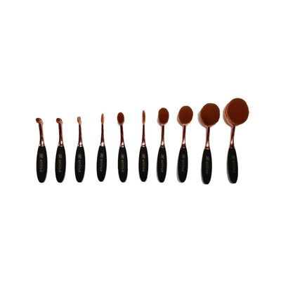 10-piece synthetic oval makeup brush set with black handles and brown bristles for flawless makeup application