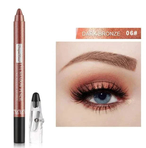 Silkworm penknife eyeliner pen in dark bronze with pearlescent finish and eye makeup example