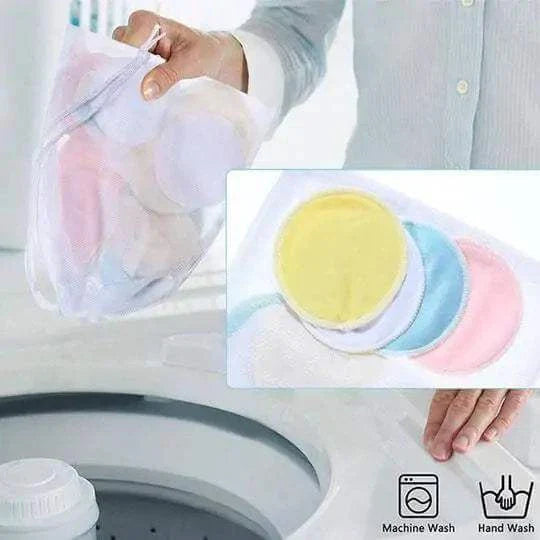 Reusable eco-friendly bamboo makeup pads in pastel colors with washing instructions, shown in a mesh laundry bag being loaded into a washing machine.