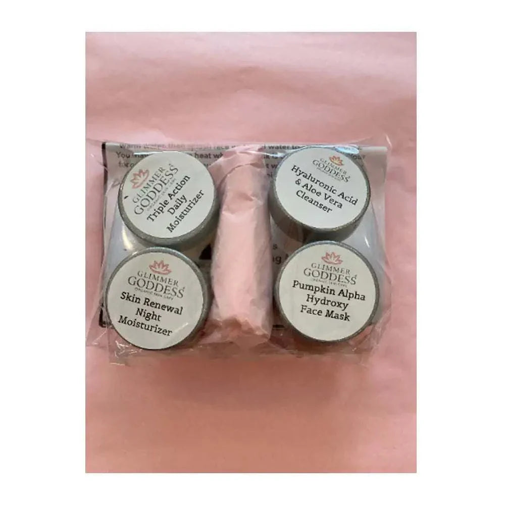 Organic Skin Care Trial Set with Skin Renewal Night Moisturizer, Triple Action Day Moisturizer, Hyaluronic Acid & Aloe Vera Cleanser, Vitamin C Serum, and Pumpkin Alpha Hydroxy Face Mask in travel-size jars