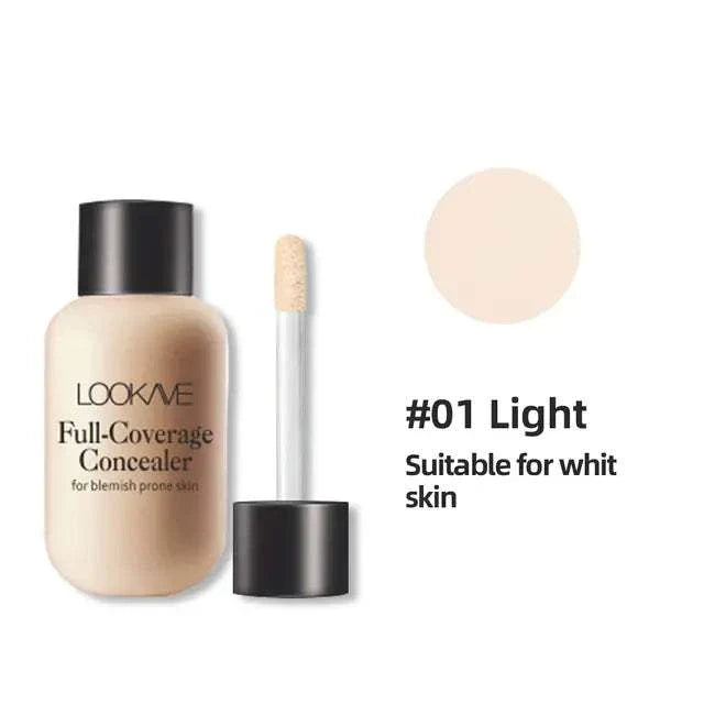 LOOKAVE Full-Coverage Liquid Foundation and Concealer in Light shade for blemish-prone skin, compact and lightweight bottle.