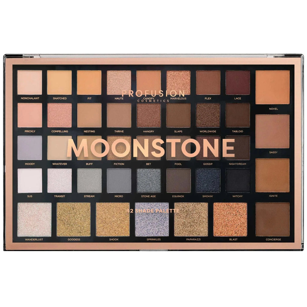 Profusion Cosmetics Moonstone 42 shade eyeshadow palette with long-lasting, blendable matte and shimmer finishes for versatile day-to-night looks