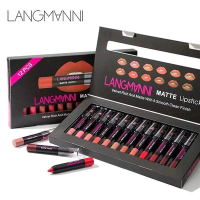 12-piece matte lipstick set with 12 vibrant shades in sleek black packaging by Langmanni