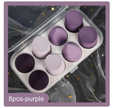 8-delige paarse make-upspons set in transparante opbergdoos voor een vlekkeloze make-up afwerking