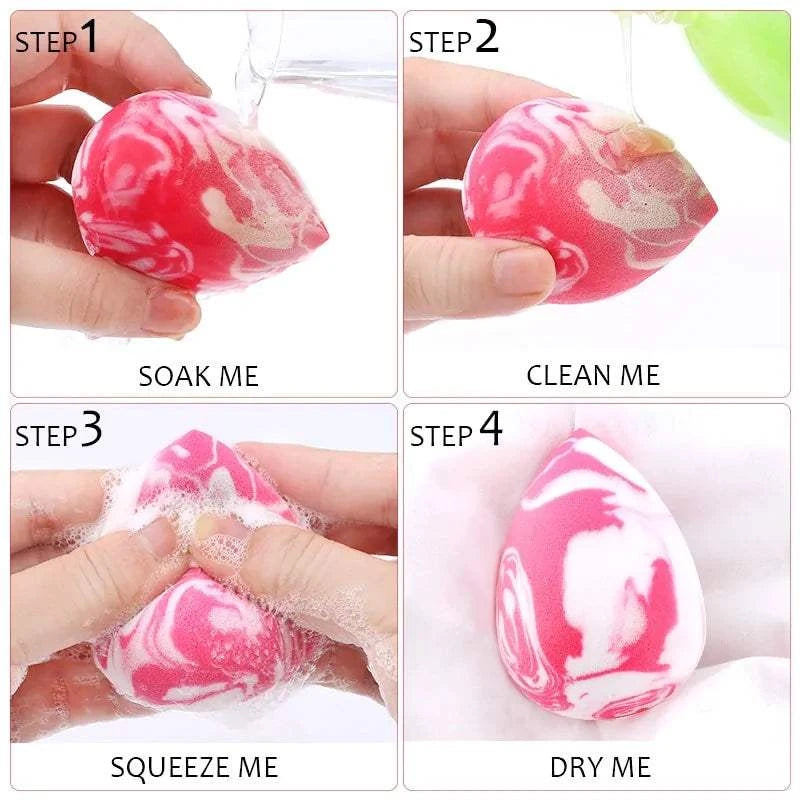 Makeup sponge marmer in waterdruppelvorm met stap-voor-stap reiniging in roze en wit