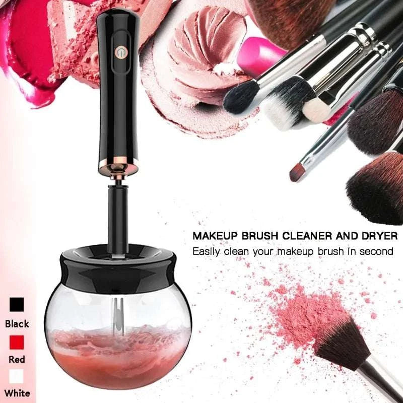 Electric makeup brush cleaner with nylon handle and cleaning bowl surrounded by makeup brushes and powder.