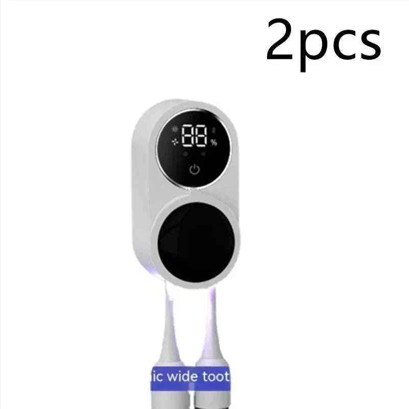 Compact white UV toothbrush sanitizer with digital display and touch sensor for germ-free cleaning, USB-powered, 2-piece set