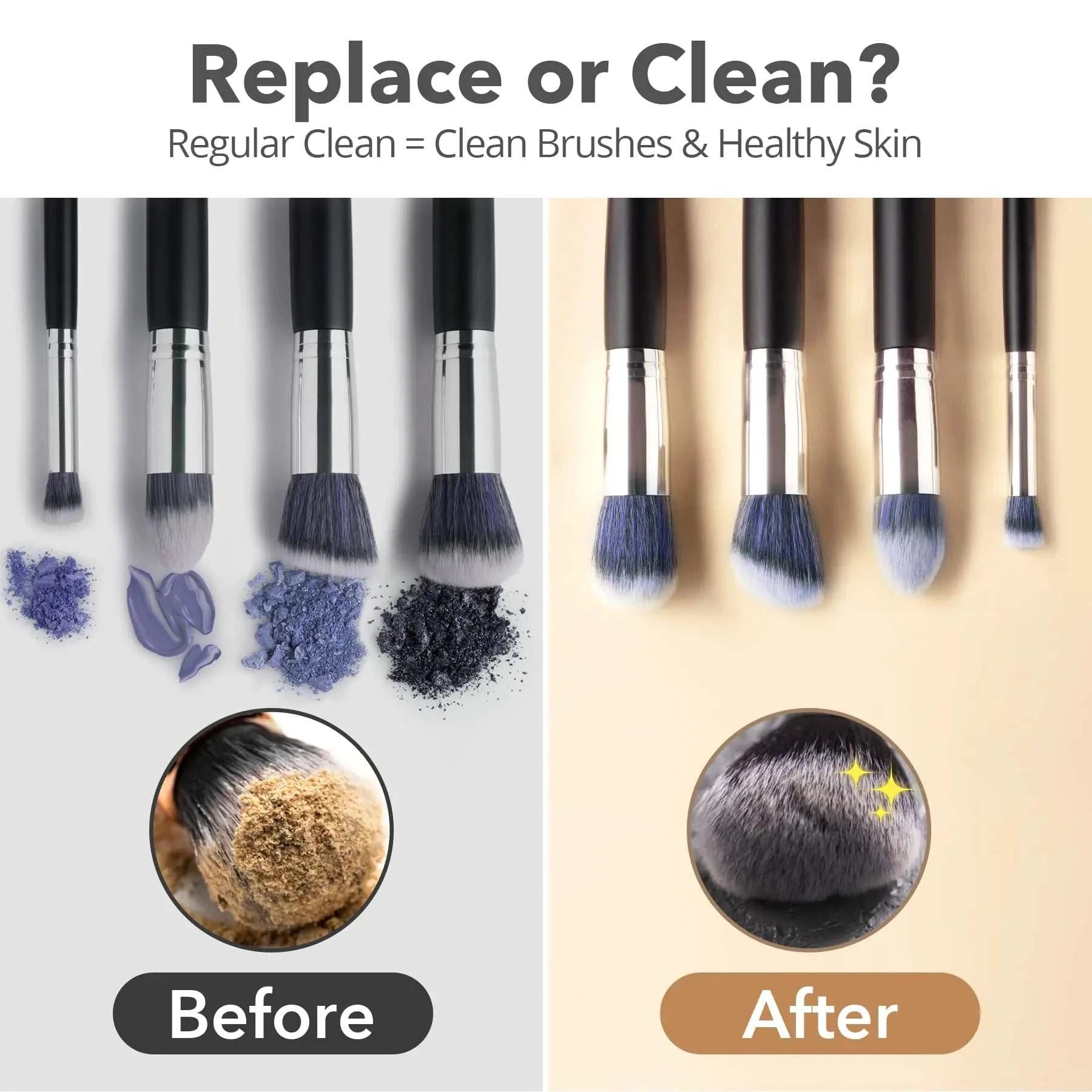 Makeup brush cleaner showing before and after results with clean makeup brushes and powder residues removed for healthy skin and flawless application